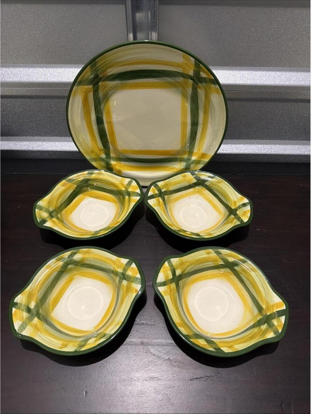 VTG Set Of 5 Vernon Kilns Vernonware Gingham 4 Fruit/Berry Bowls 1 Dinner Plate*